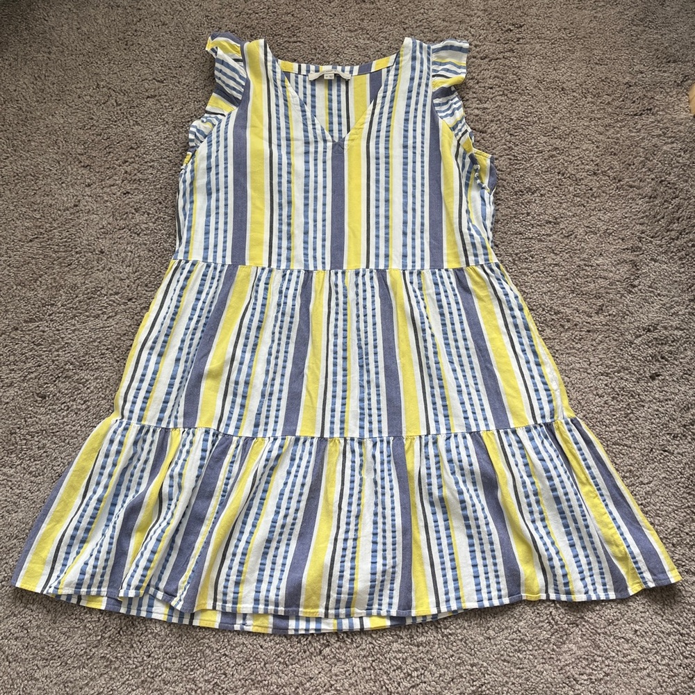 LOFT Petites Blue, White, & Yellow Striped Dress with Pockets and Ruffle Sleeves